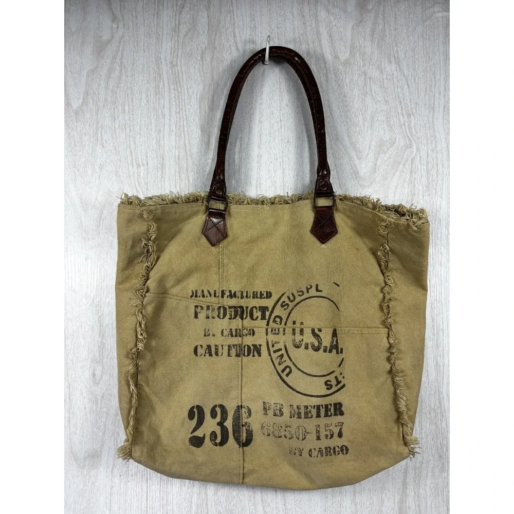 Mona B Upcycled Canvas Tote Bag Military Stencil Vegan Leather Boho Casual